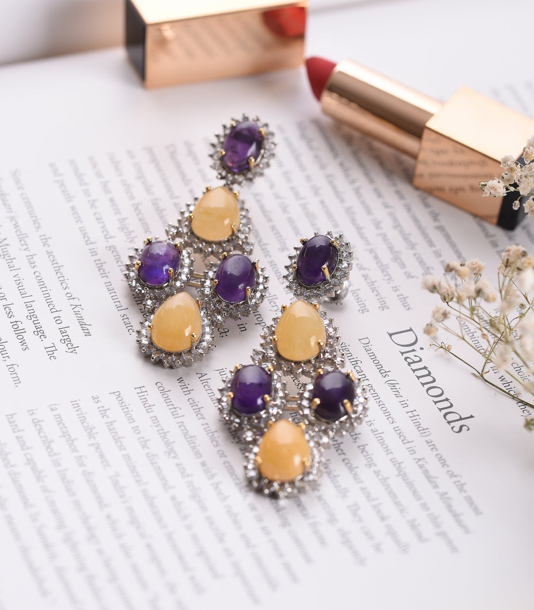 SILVER FINISH PURPLE & YELLOW EARRING