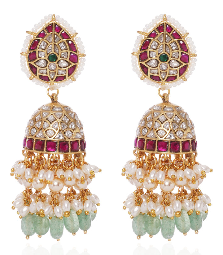 HRITIKA RED & GREEN  KUNDAN NECKLACE SET WITH GREEN & WHITE DROPS