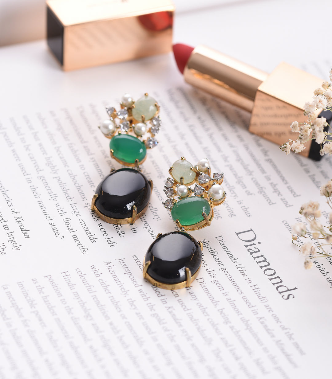 SILVER FINISH GREEN & BLACK ZIRCON EARRING