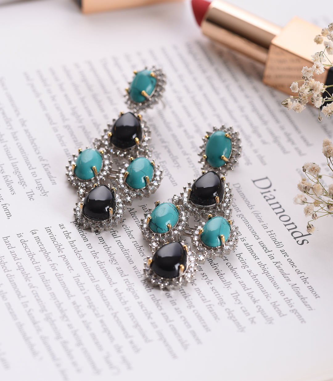 SILVER FINISH BLACK & TURQUOISE ZIRCON EARRING