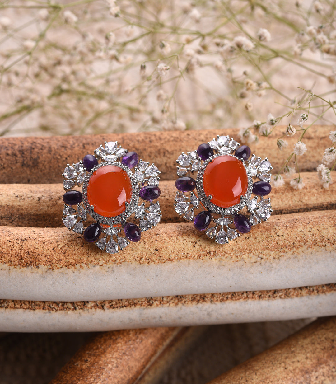 SILVER FINISH CORAL ZIRCON STUD