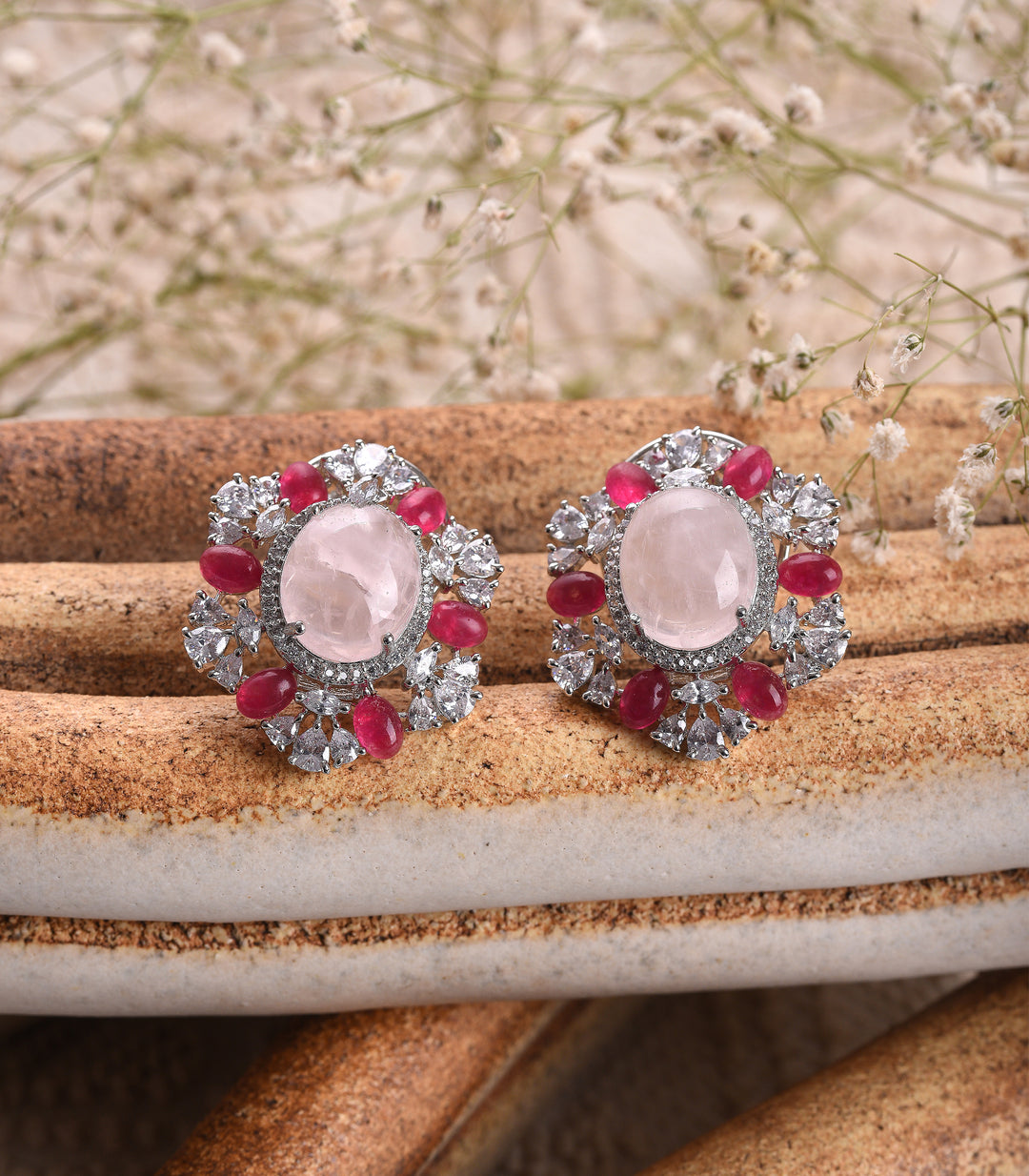 SILVER FINISH PINK ZIRCON STUD