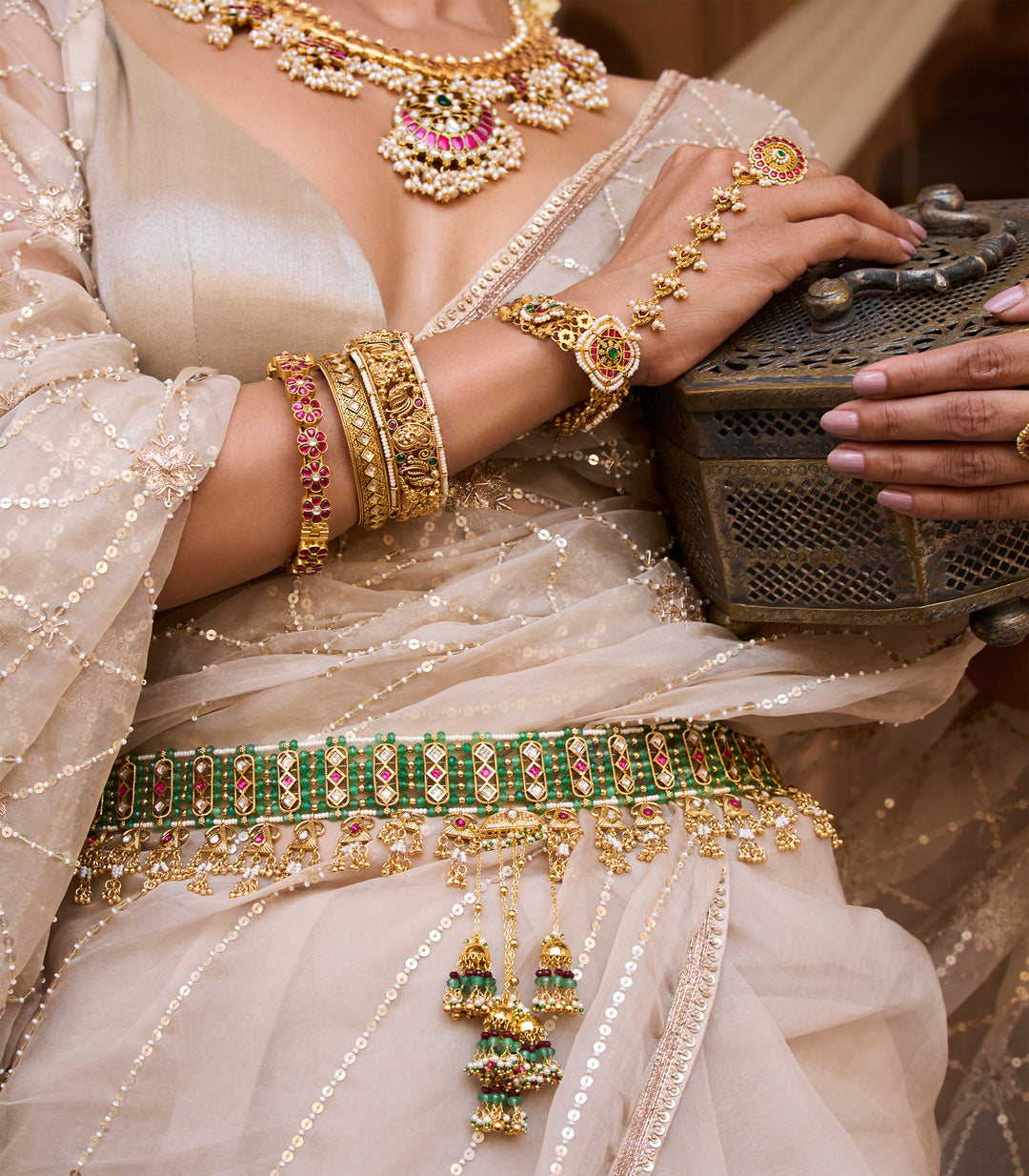 KASHNI RED & GREEN KUNDAN WAIST BELT