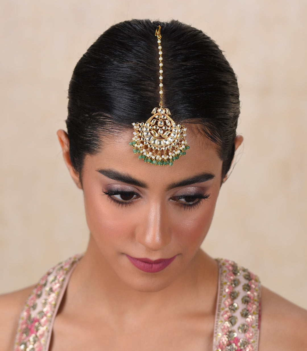 YOGESHWARI GREEN KUNDAN TIKA WITH PEARL & GREEN ONYX DROPS