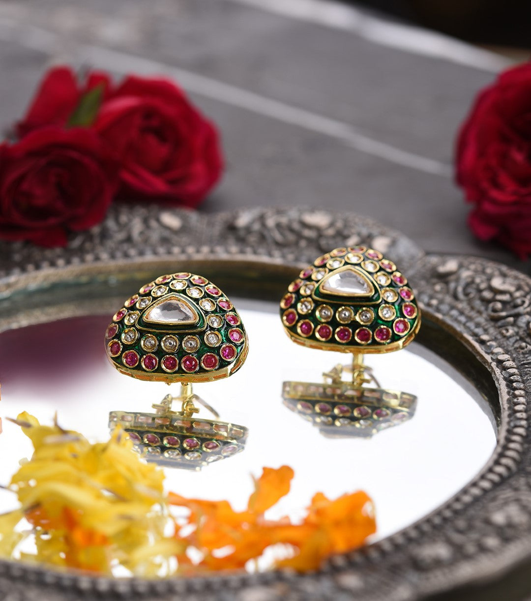 Antique Finish Red & Green Meena Polki Stud