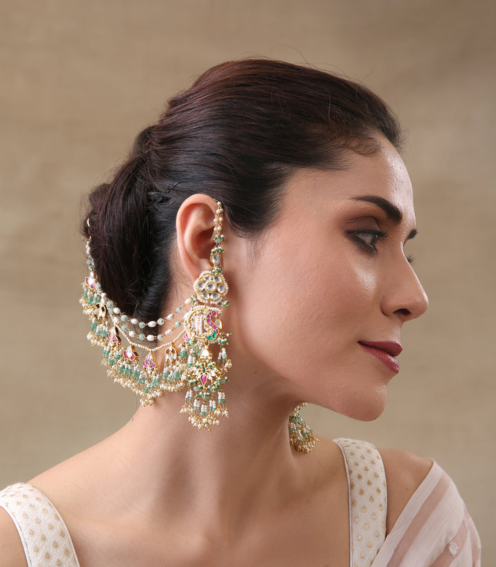 DHIMAHI WHITE & GREEN KUNDAN EARCHAIN