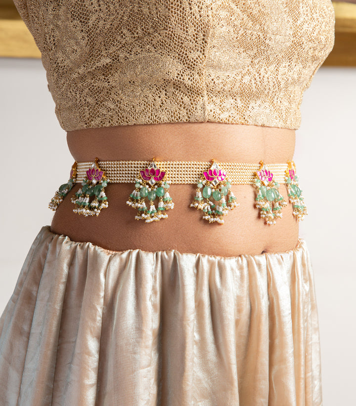 SHARNYA RED & GREEN KUNDAN WAIST BELT