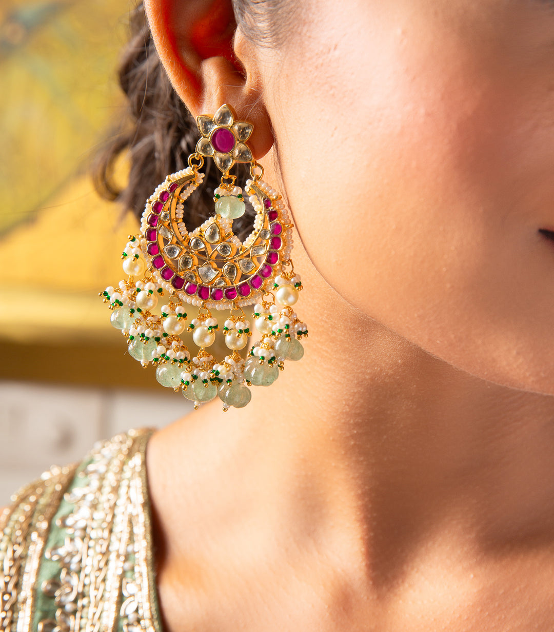 ADITA RED & GREEN KUNDAN CHANDBALI
