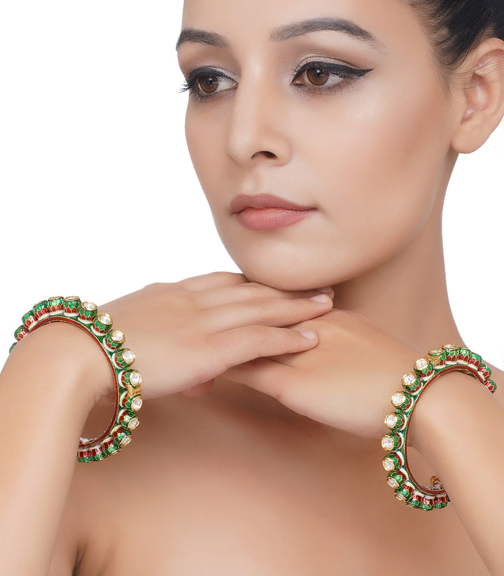 GOLD PLATED GREEN MEENA KUNDAN BANGLES