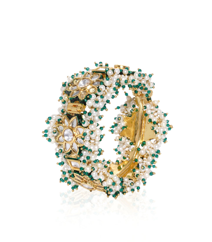 GOLD PLATED WHITE & GREEN KUNDAN BANGLES WITH WHITE & GREEN BUNCHES