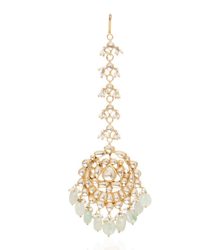 GOLD PLATED MINT   GREEN KUNDAN TIKA WITH MINT DROPS