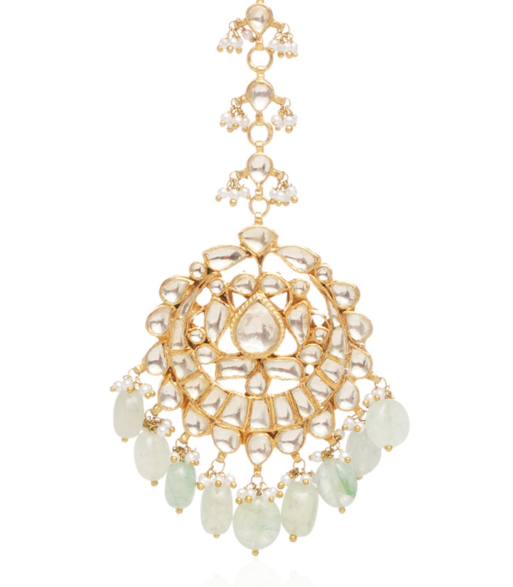 GOLD PLATED MINT   GREEN KUNDAN TIKA WITH MINT DROPS