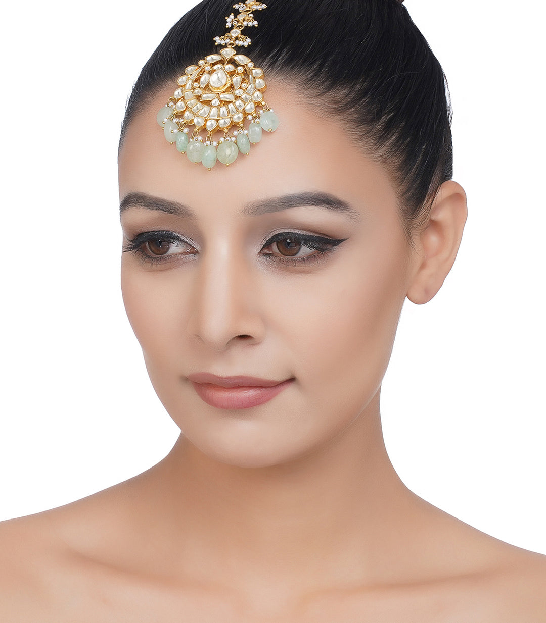 GOLD PLATED MINT   GREEN KUNDAN TIKA WITH MINT DROPS