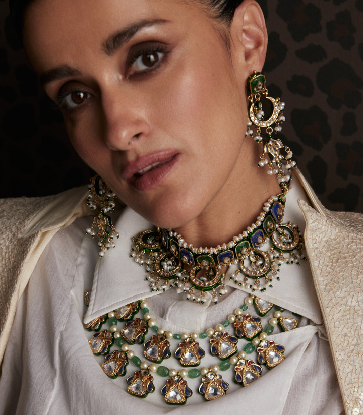 GAURIKA BLUE & REEN KUNDAN LONG NECKLACE