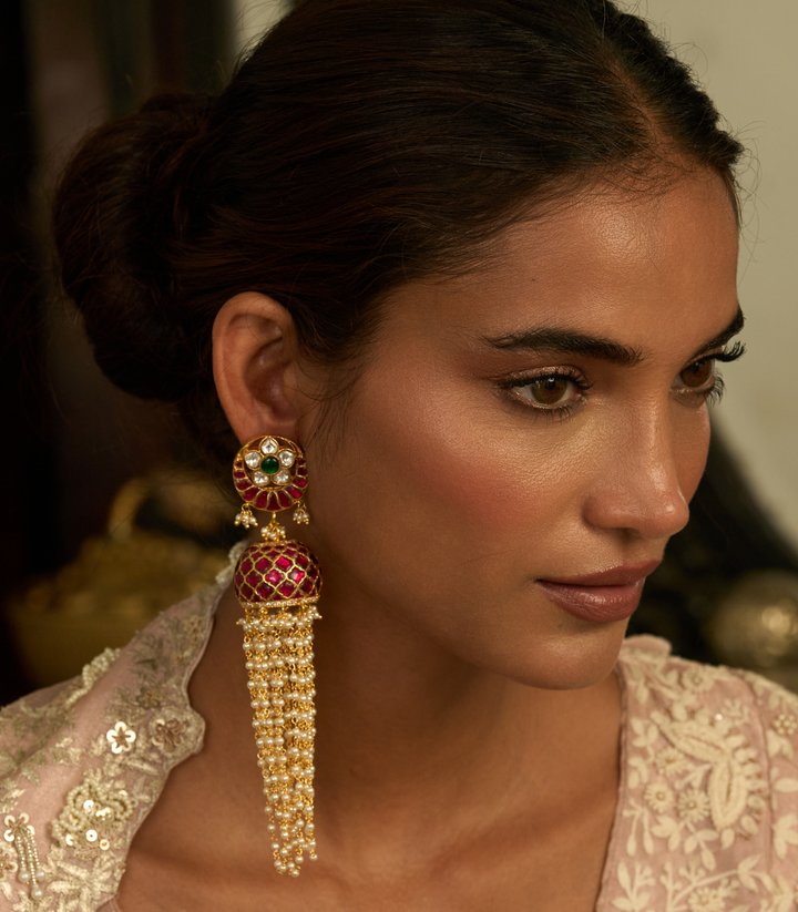 TEJSHRI RED & GREEN KUNDAN JHUMKA