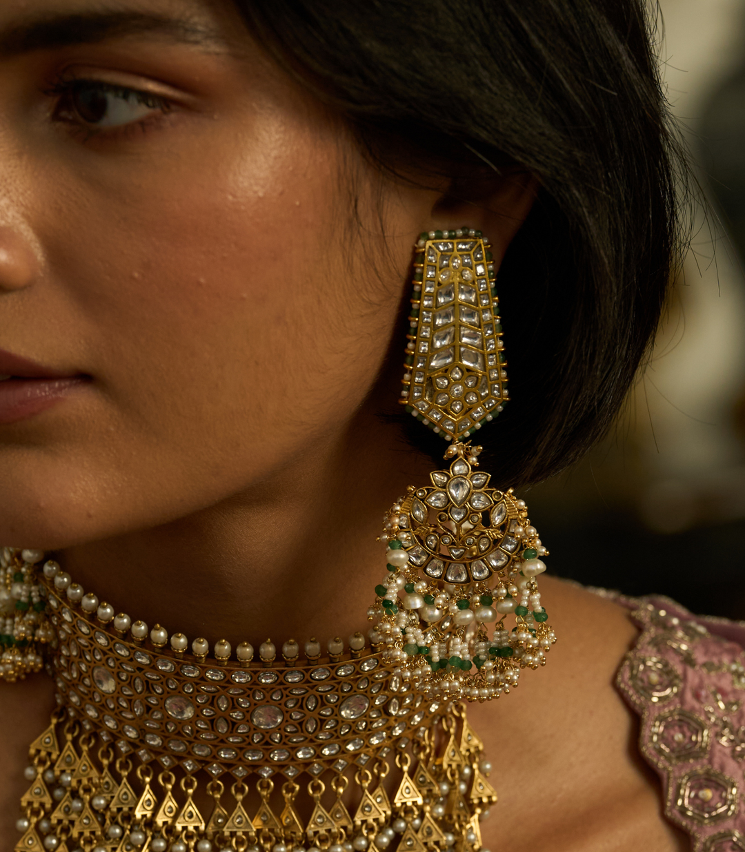 ZOHA  GREEN & WHITE KUNDAN CHANDBALI