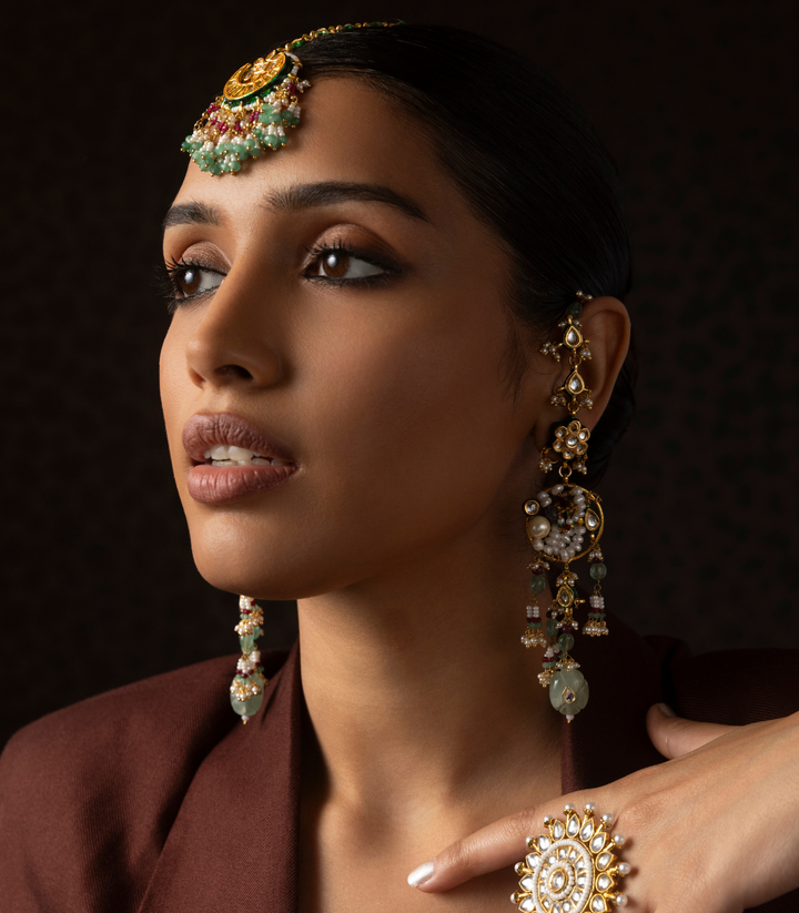 GOURVI GREEN KUNDAN STATEMENT EARRING