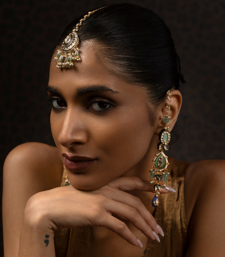 EKADHA GREEN KUNDAN STATEMENT EARRING