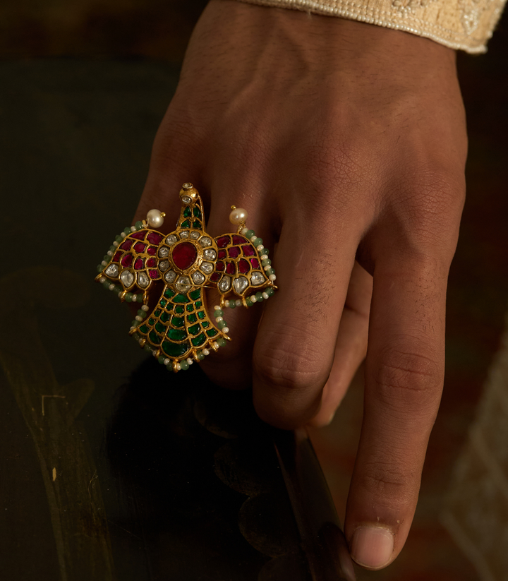MANSI RED & GREEN KUNDAN RING