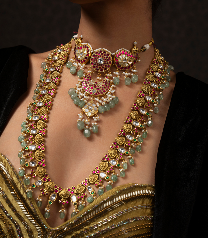 GAYATRI RED & GREEN  KUNDAN LONG NECKLACE