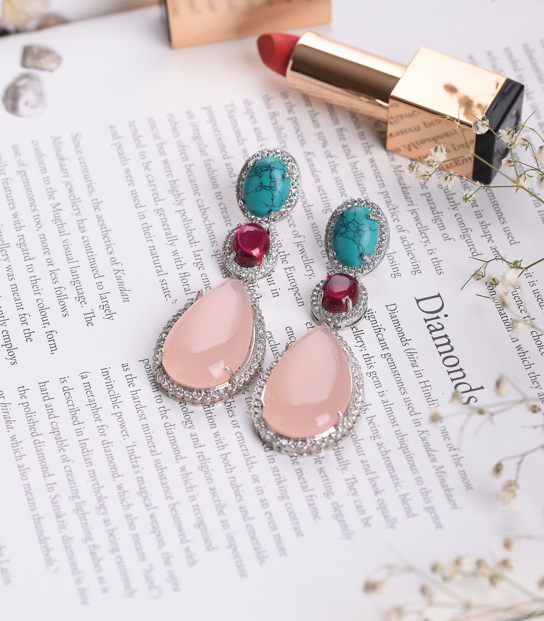 SILVER FINISH TURQUOISE AND PINK ZIRCON EARRING