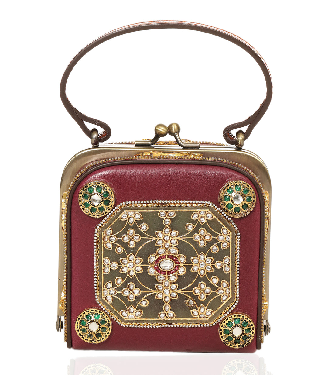 CHAHAK RED & GREEN LEATHER KUNDAN HAND BAG