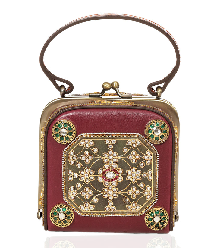 CHAHAK RED & GREEN LEATHER KUNDAN HAND BAG