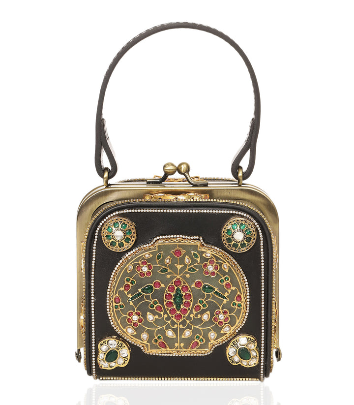 ADITRI RED & GREEN LEATHER KUNDAN HAND BAG