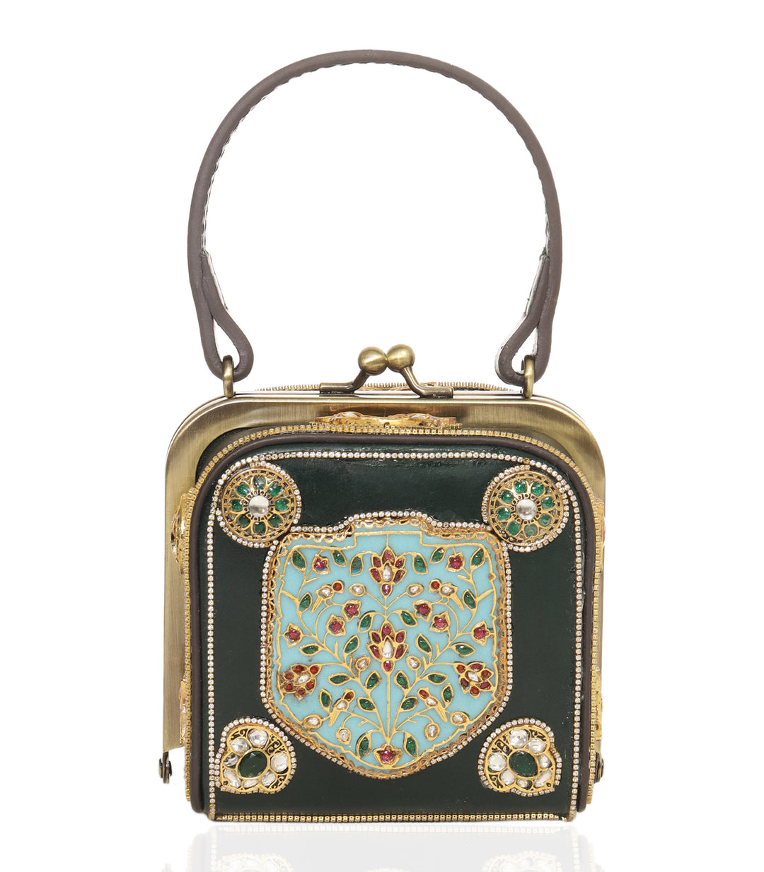 MISHIKA RED & GREEN LEATHER KUNDAN HAND BAG