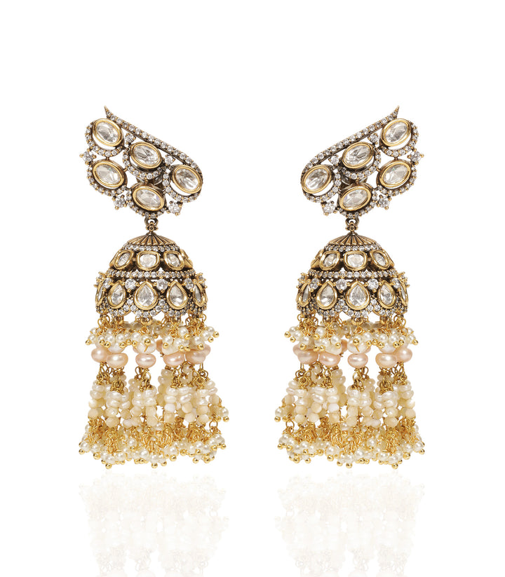 ADITA ANTIQUE FINISH WHITE POLKI JHUMKA