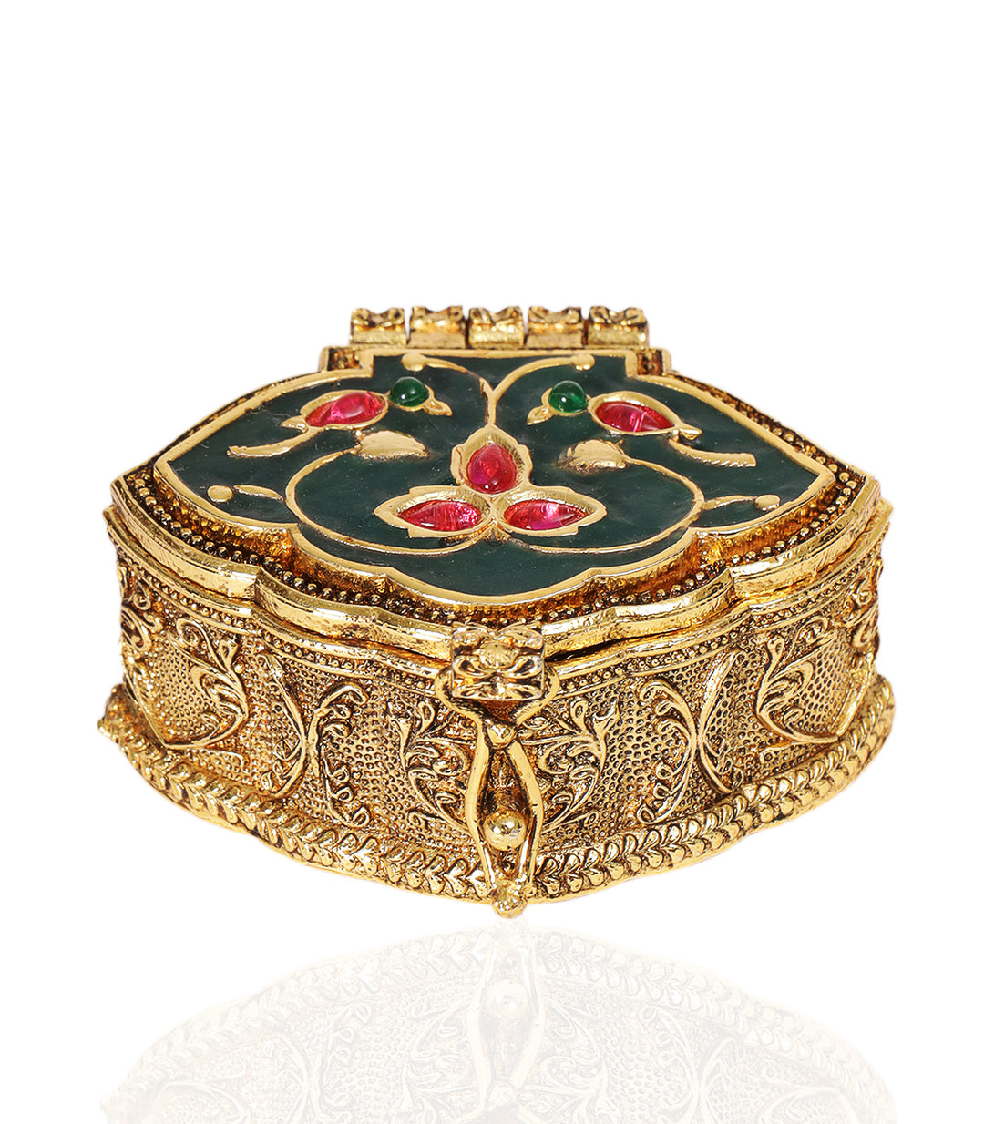 VEDA GOLD PLATED RED & GREEN ORNATE BOX