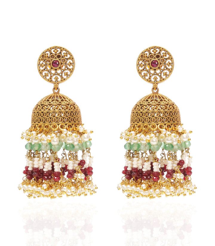 TANYA RED & GREEN GOLD PLATED JHUMKA