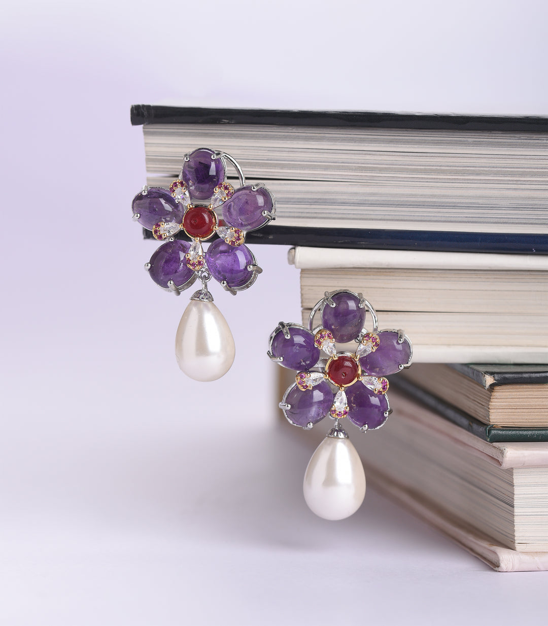 SILVER FINISH PURPLE STUD WITH PEARLS