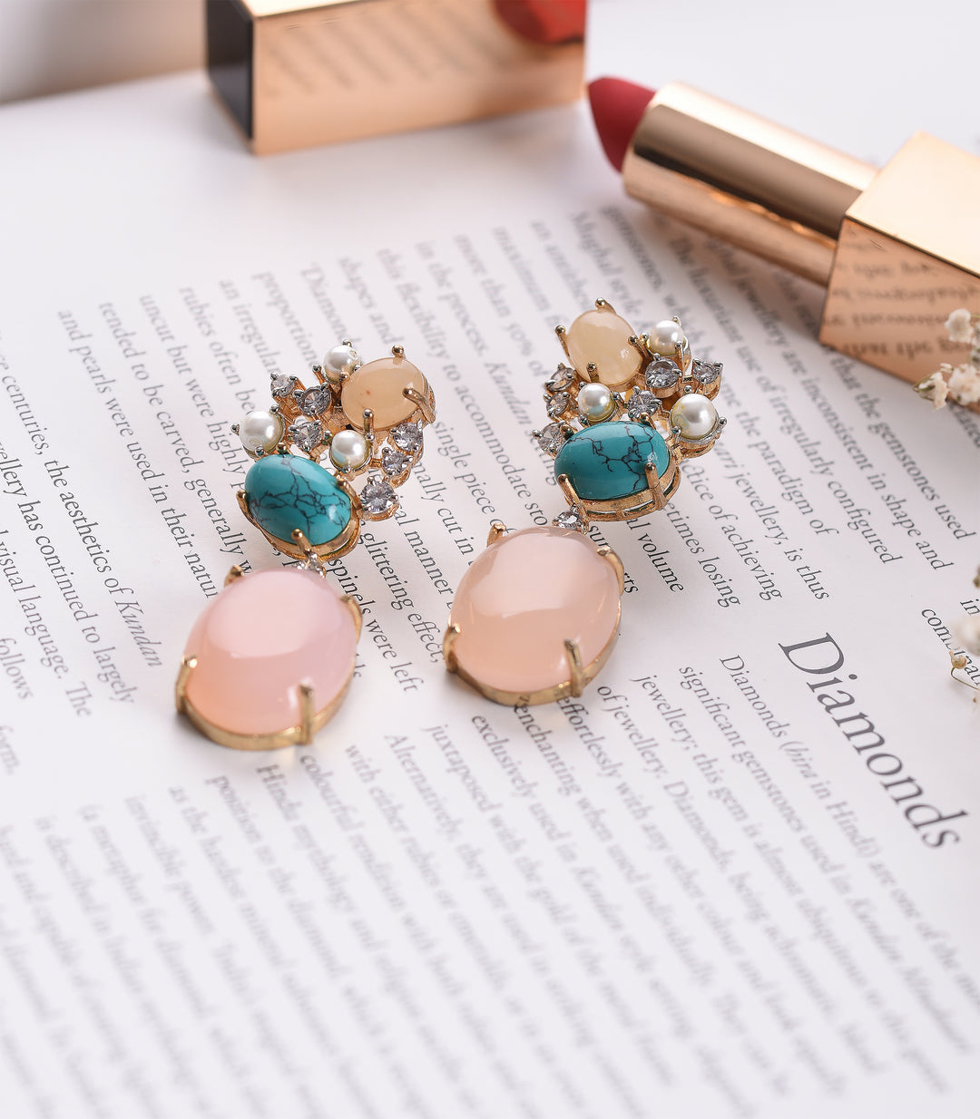 SILVER FINISH PINK & TURQUOISE ZIRCON EARRING