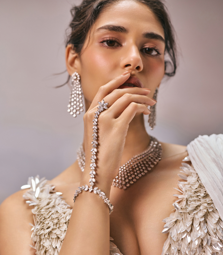 VARAHI SILVER FINISH ZIRCON HATHPHOOLS
