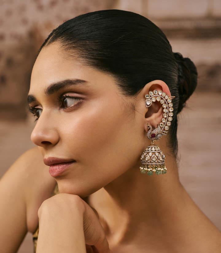ANAMIKA ANTIQUE FINISH GREEN POLKI EARCUFF JHUMKA