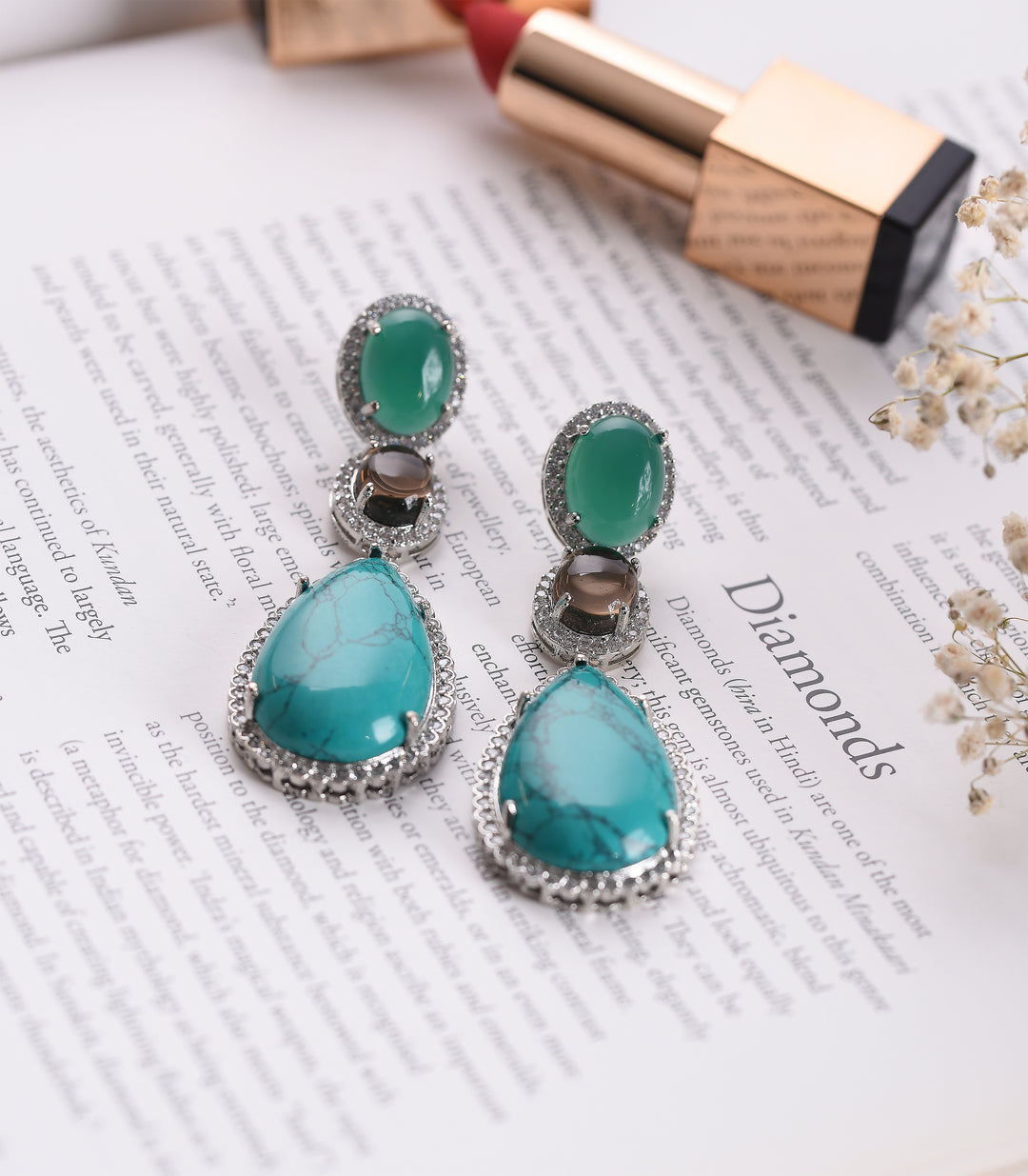 SILVER FINISH GREEN & TURQUOISE EARRING