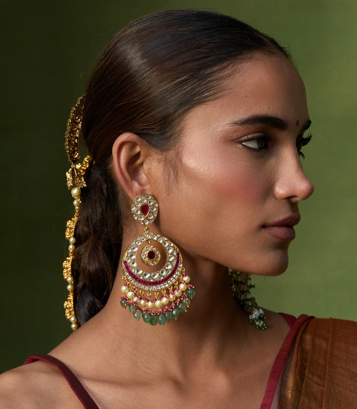 DEVISHA RED & GREEN KUNDAN CHANDBALI