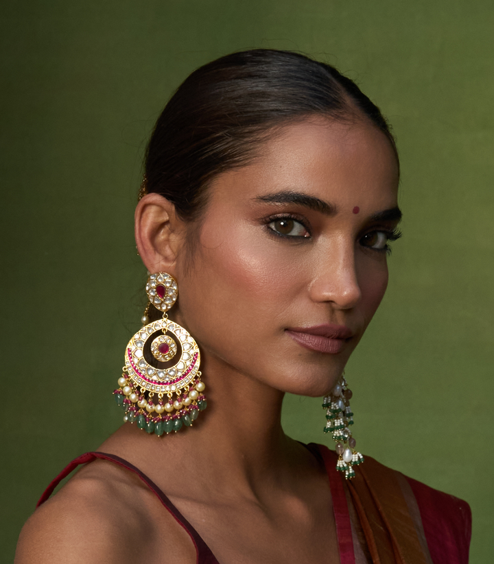 DEVISHA RED & GREEN KUNDAN CHANDBALI