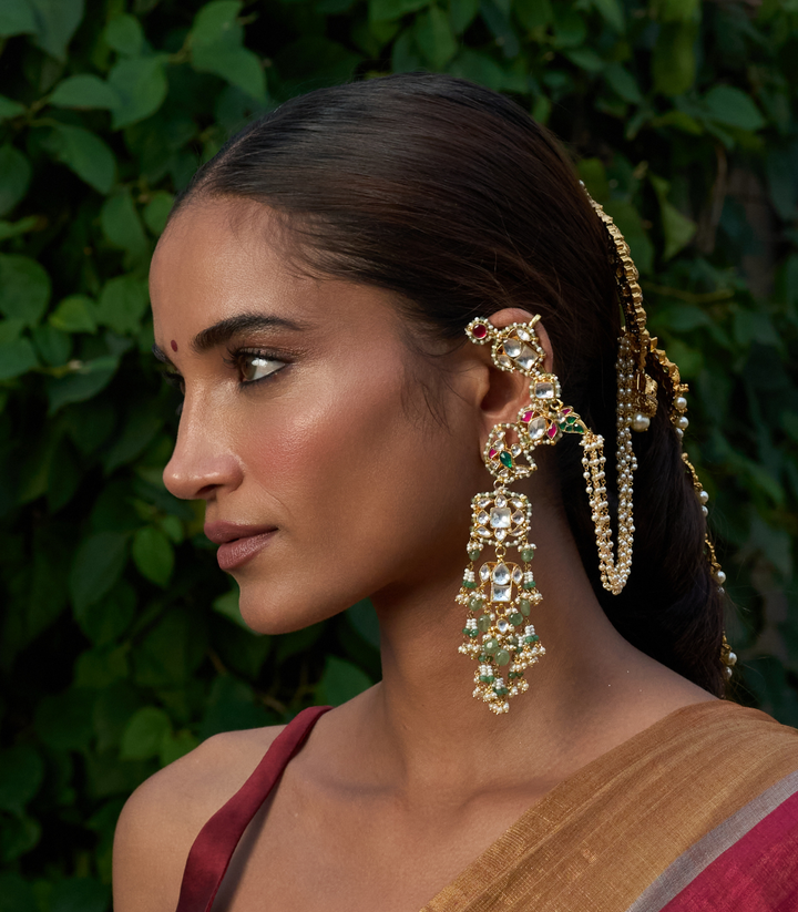 KASHI RED & GREEN KUNDAN STATEMENT EARRING