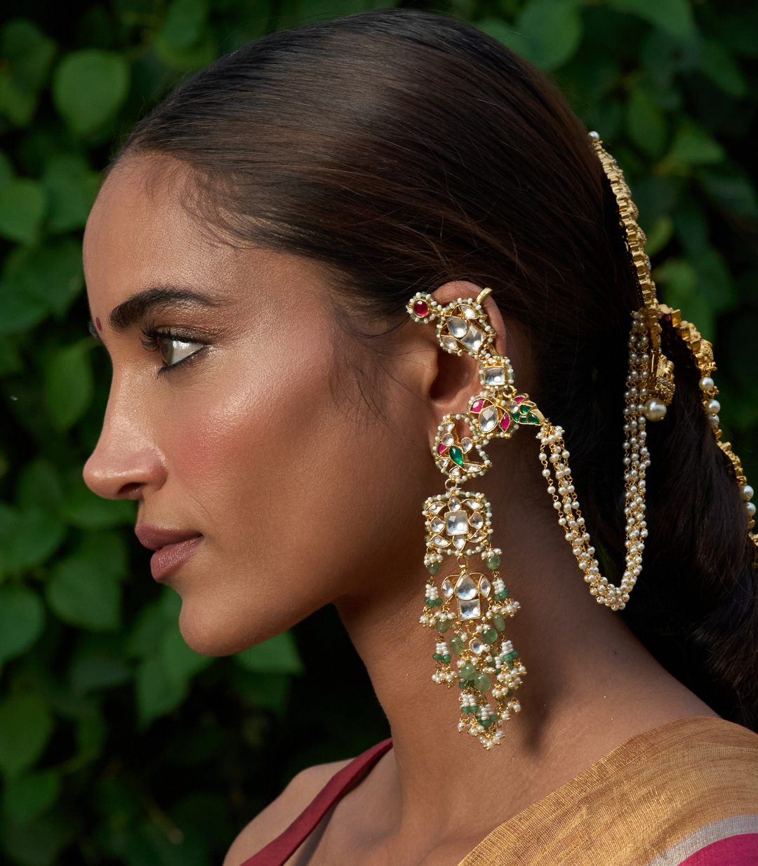 KASHI RED & GREEN KUNDAN STATEMENT EARRING