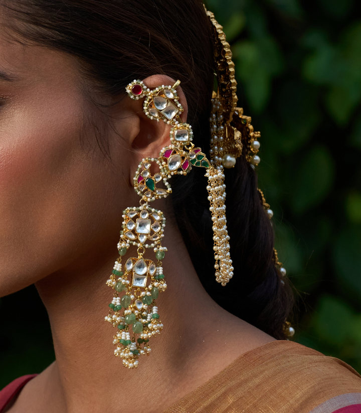 KASHI RED & GREEN KUNDAN STATEMENT EARRING