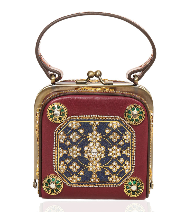 CHAHAK RED & GREEN LEATHER KUNDAN HAND BAG