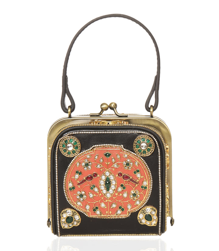 ADITRI RED & GREEN LEATHER KUNDAN HAND BAG