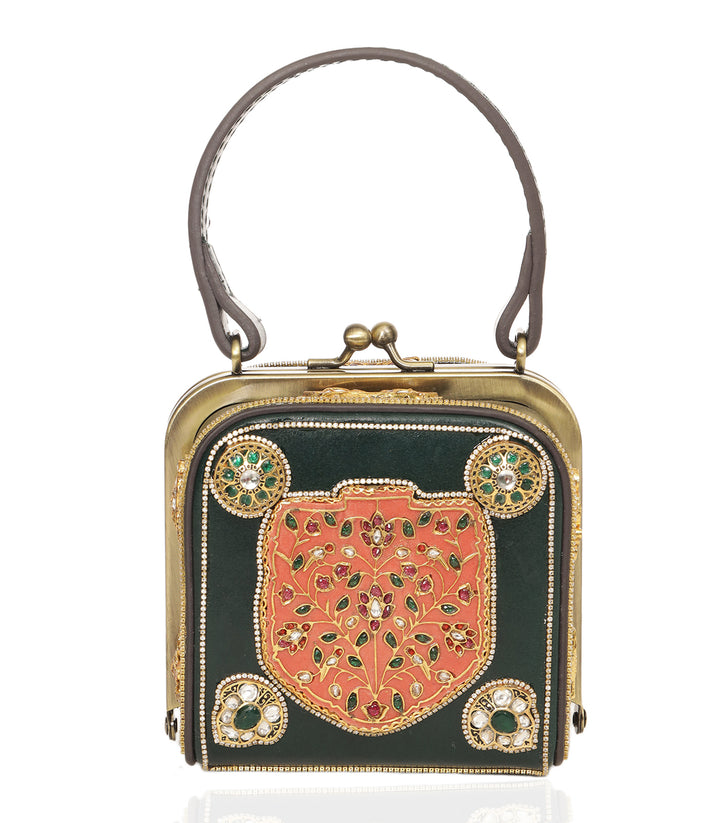 MISHIKA RED & GREEN LEATHER KUNDAN HAND BAG