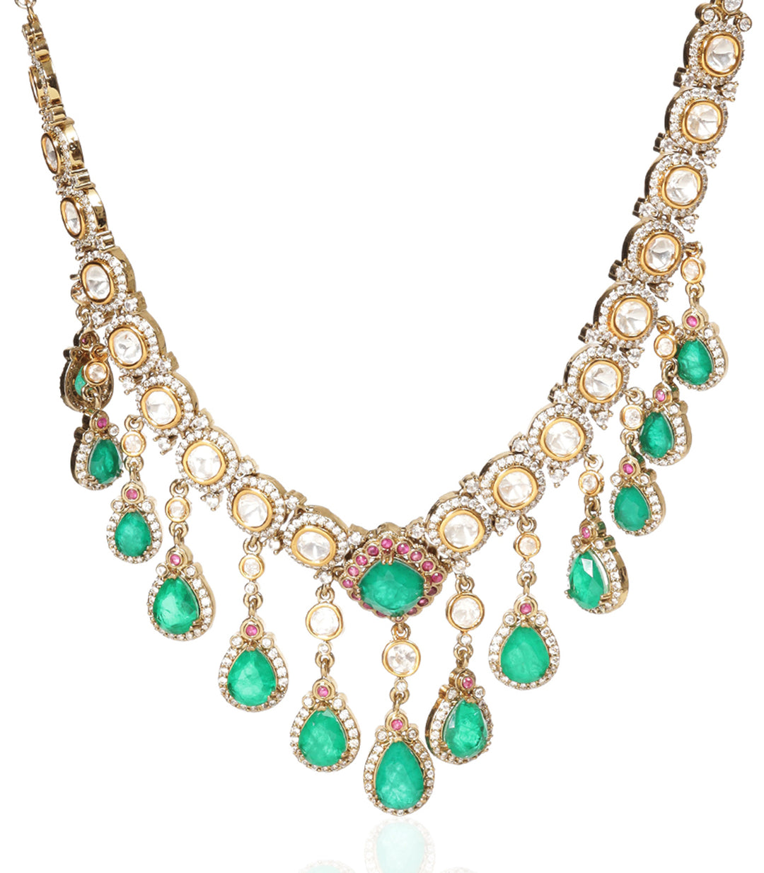 ELENA RED & GREEN ANTIQUE FINISH POLKI NECKLACE SET