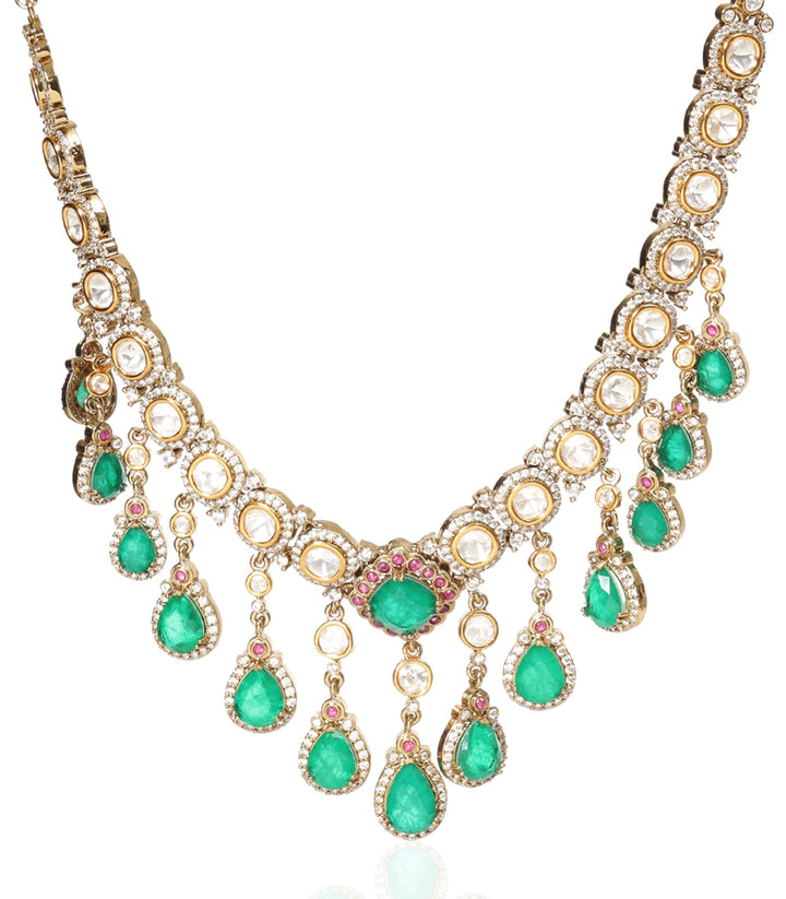ELENA RED & GREEN ANTIQUE FINISH POLKI NECKLACE SET