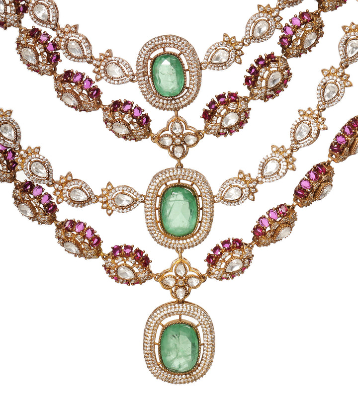AVLEEN RED & MINT POLKI LONG NECKLACE SET
