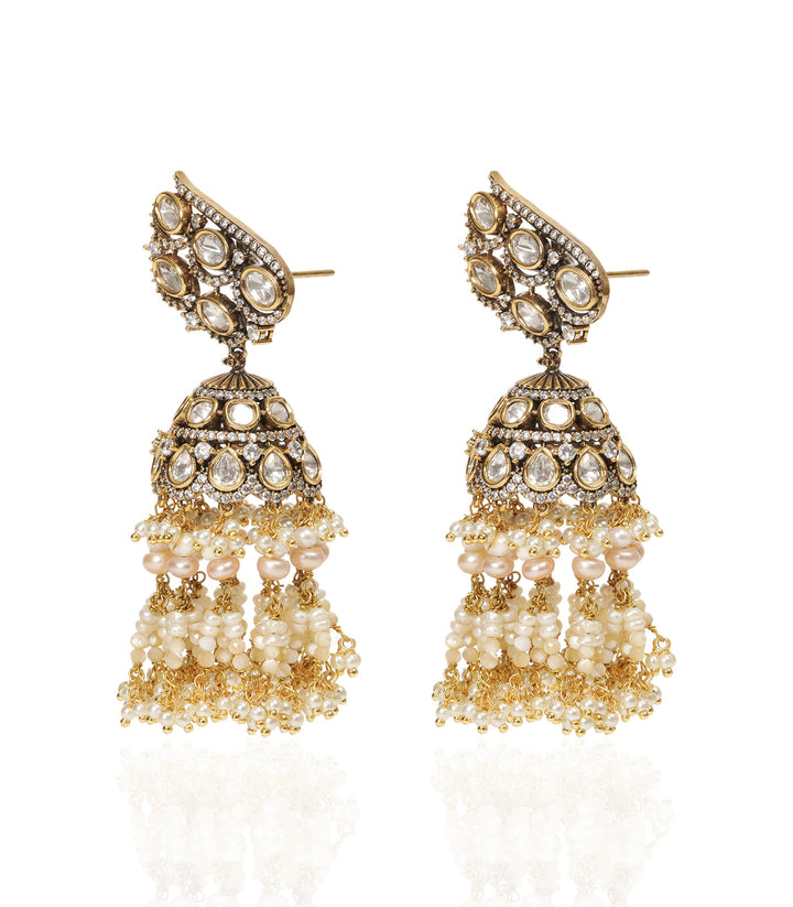 ADITA ANTIQUE FINISH WHITE POLKI JHUMKA