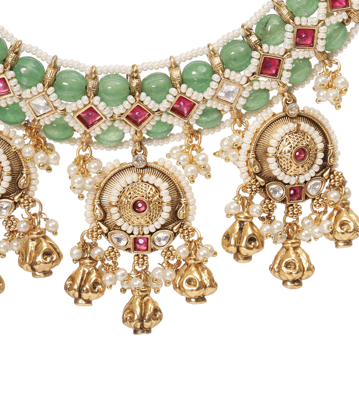 LAKSHITA RED & GREN KUNDAN NECKLACE SET